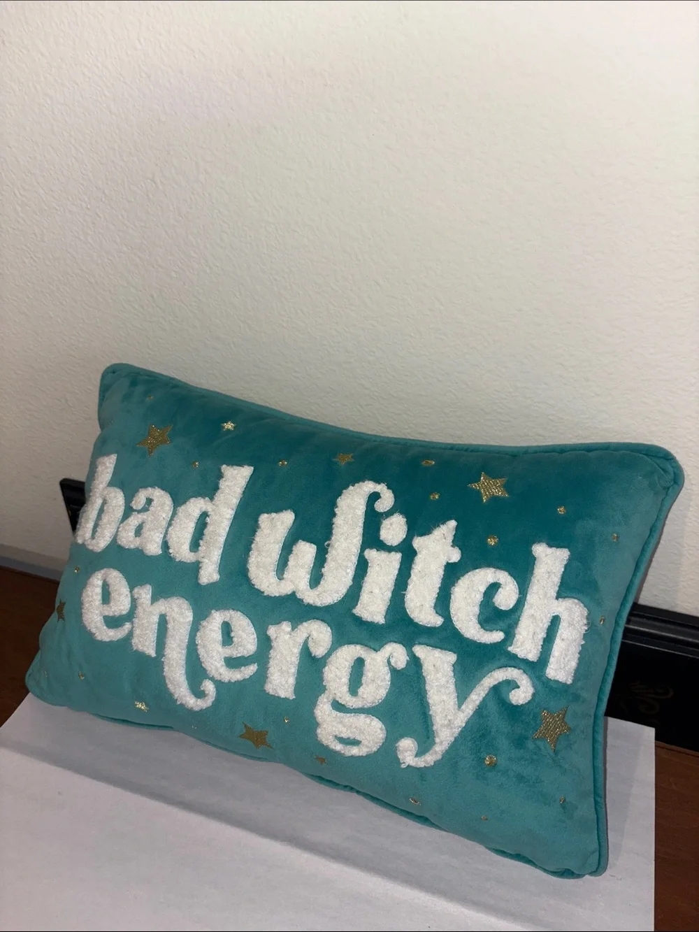 Teal Plush Pillow 'Bad Witch Energy' with gold stars ⭐️ 🌟⭐️⭐️⭐️⭐️